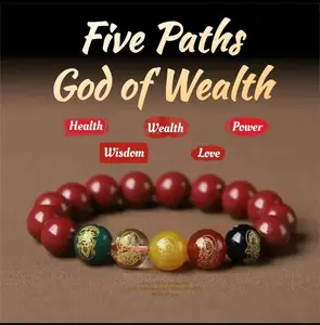 Five Fortune Gods Lucky Bracelet with Cinnabar Beads for wealth health and relationship attraction & positive energy-Taoist Master blessing