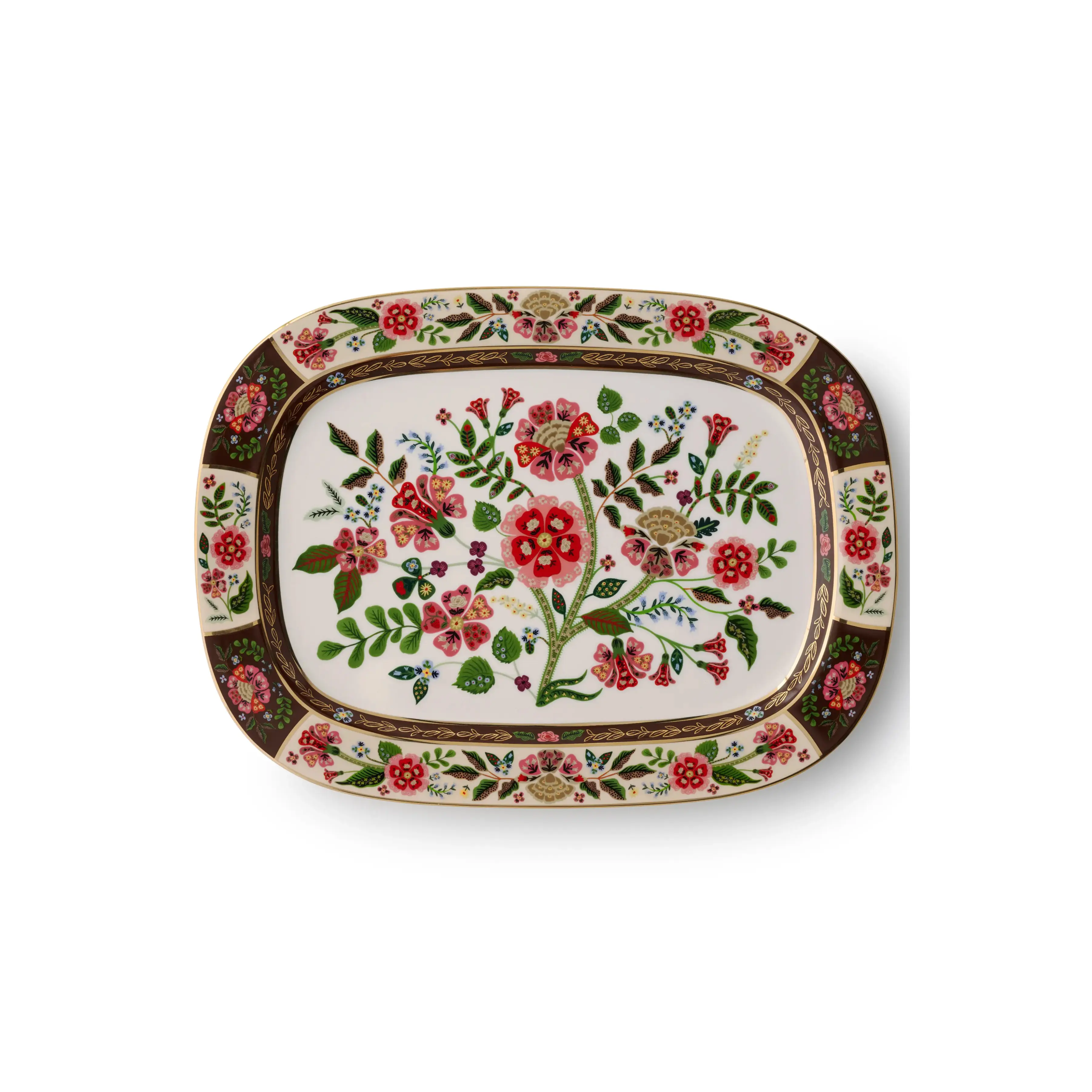 RIFLE PAPER CO Gracie Large Metallic Gold Porcelain Serving Plate - 15" w × 11.25" l, Floral Full-Color Illustration, Hand-Wash Kitchen & Tableware Dining Platter
