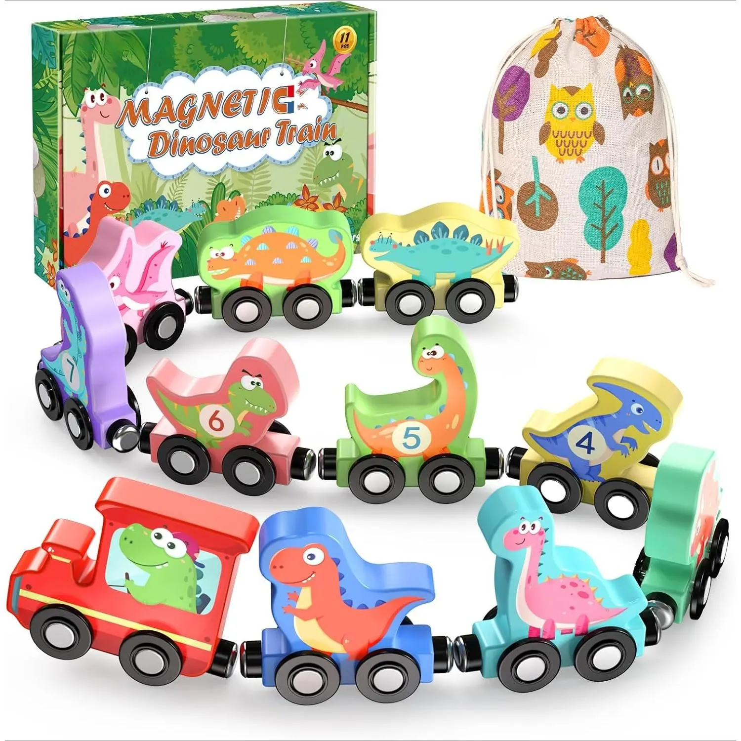 P-MTS046 11-Piece Magnetic Wooden Dinosaur Train Set, Eco-Friendly Montessori Toys for Toddlers, Animals & Nature Themed Preschool Learning Material, Children Development & Hand-Eye Coordination Tool, Birthday Gifts, 11 Pieces