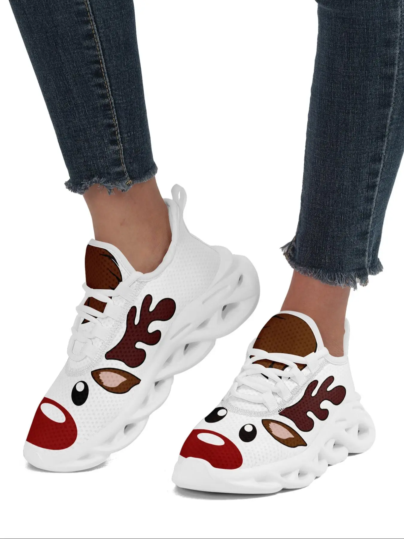 Women's Christmas Themed Lace Up Mesh Sneakers, Casual Comfortable Breathable Sports Running Shoes, Female All-match Round Toe Chunky Sneakers for Dai