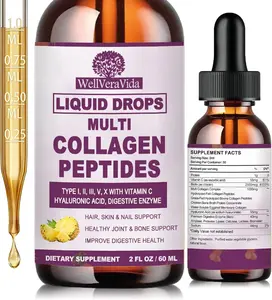Multi Collagen Peptides Liquid Drops, 2oz – Types I, II, III, V, X, Hydrolyzed Collagen Complex for Hair, Skin, Nails, Bones & Joint Support | Collagen Supplement w. Hyaluronic Acid, Biotin, Vitamin C