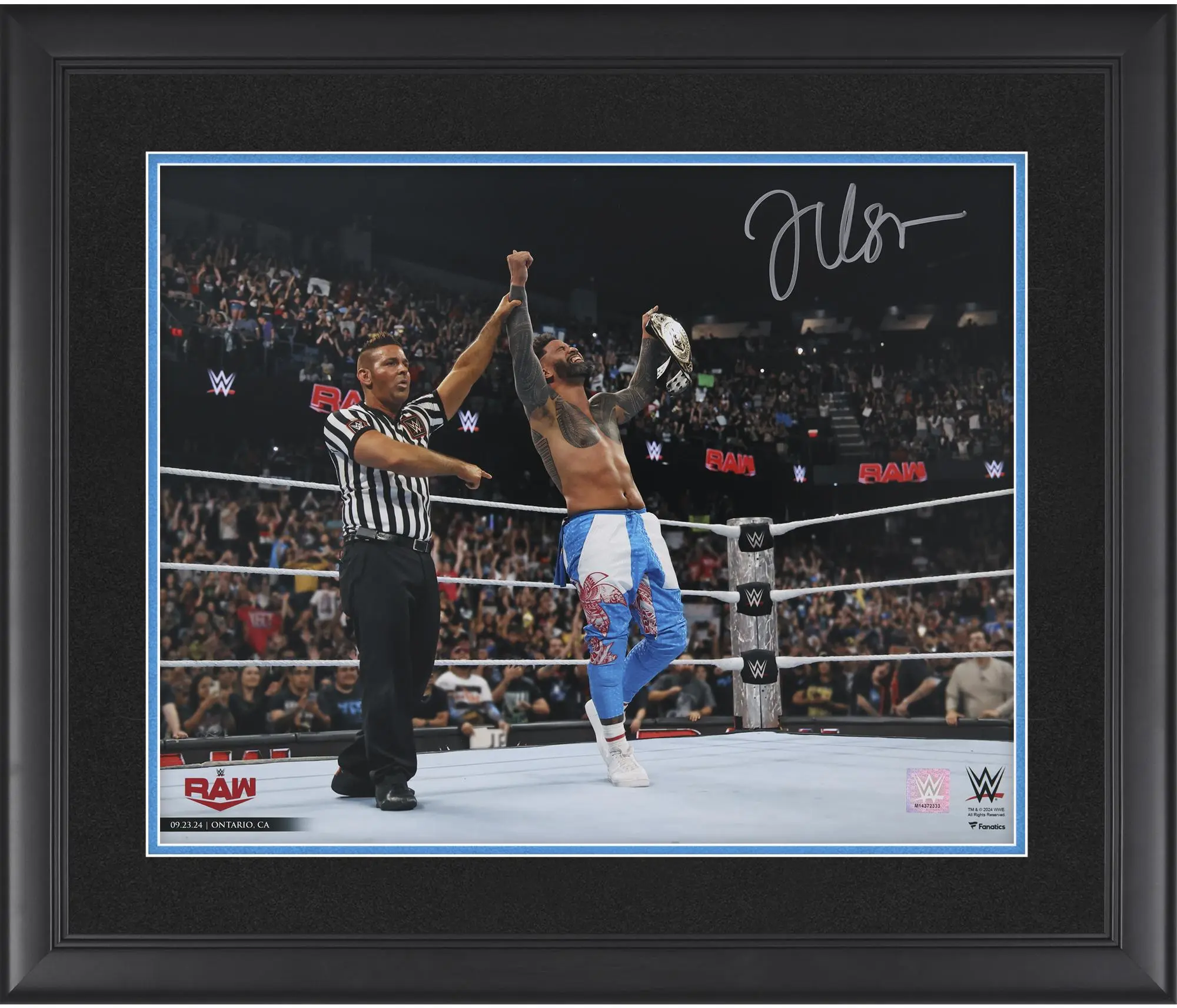Jey Uso WWE Framed Autographed 16" x 20" Raising Intercontinental Championship Photograph - Fanatics Authentic Certified