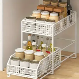 1 large-capacity storage rack, multifunctional metal storage rack, can hold daily miscellaneous items, can hold cosmetics, can hold bowls and a condiment rack, ideal choice for kitchen cabinet space, desktop storage, kitchen storage rack (black/white)