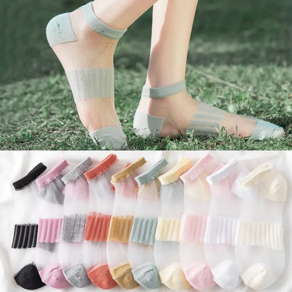SilkSoft Women's Ice Silk Stockings - Modern Summer & Spring Socks with Ultra-Comfortable Cotton Bottom, Breathable Fabric, Invisible Design, Deodorant Function, Anti-Sliding Fit, Available in Chrysanthemum, Lace, Middle Vertical Bar