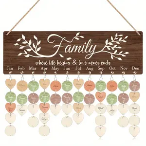 Wooden Family Reminder Calendar Board, 1 Set Rustic Wooden Hanging Birthday Anniversary Reminder with 100 Wooden Plates, DIY Calendar Board, Ornaments, Hanging Home Decor