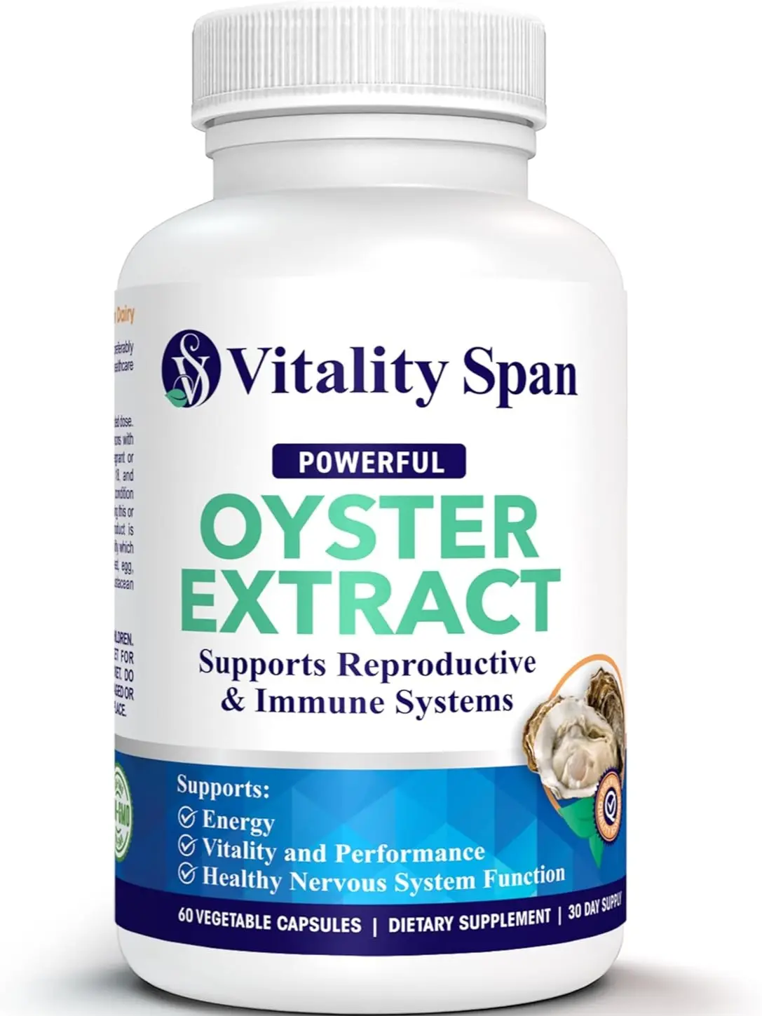Natural Oyster Extract Dietary Supplement - Pure, Highly Concentrated 500 mg Veg Capsules for Men & Women, Supports Energy & Immune Health, Contains Zinc, Taurine, Amino Acids, Vitamins, 60 Count, Made in USA