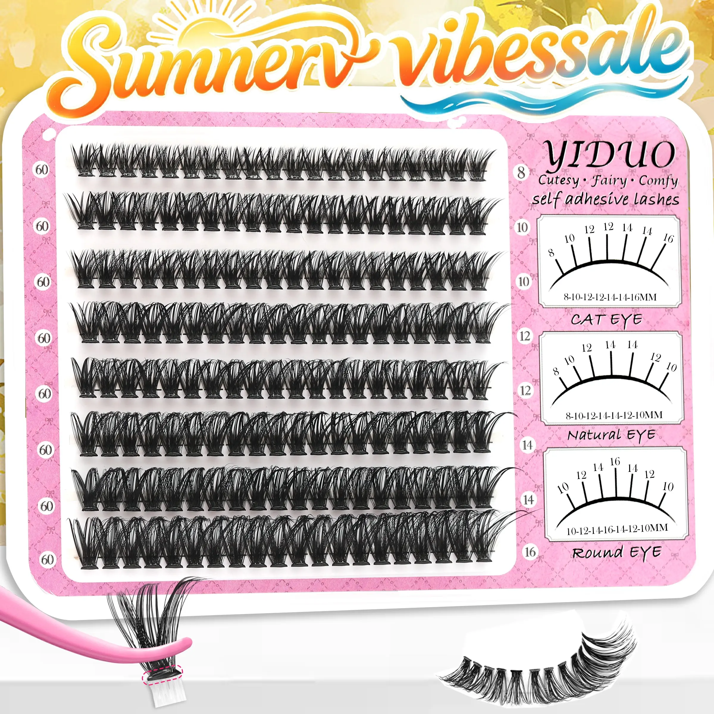 Self-Adhesive 60D D-Curl False Eyelash Clusters, Fluffy Eyelashes Cluster, Glue-Free Pre-Taped Lash Extensions 8–16 mm for Doll-Eye Effect and Effortless Individual Lash Application