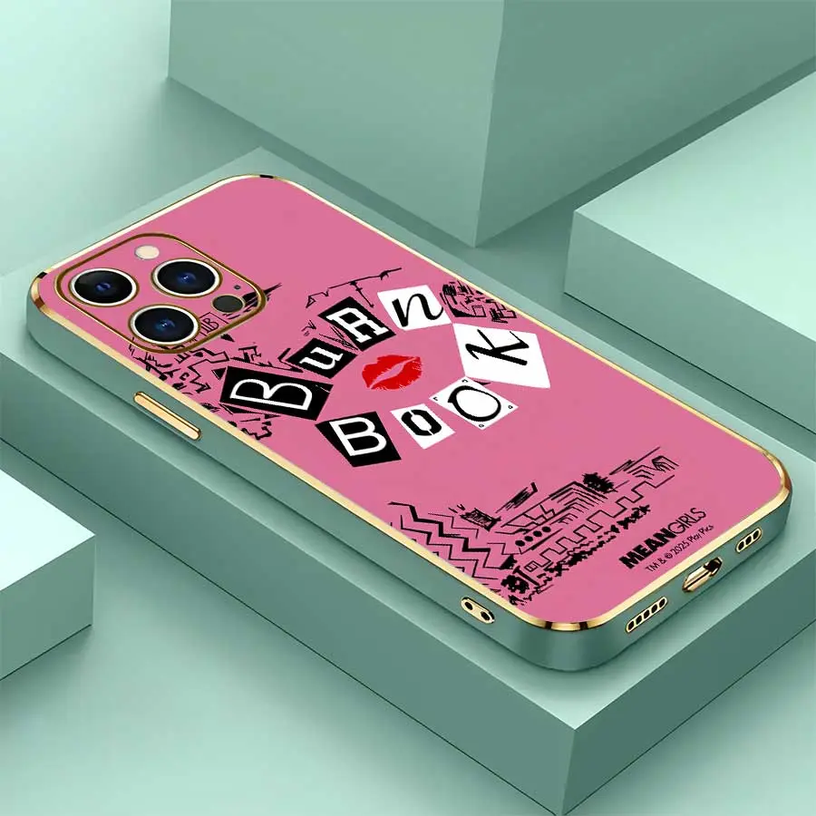 Soft TPU Shockproof Phone Case, Mean Girls Burn Book Lips Letter Print, Exquisite Electroplated Gold Frame, Protective Cover for Multiple iPhone Models (17 Pro Max,16,16 Plus,15,14,13,12) - Ideal Birthday Gift, Accessories