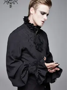 Men's Black Ruffle Shirt Removable Tie High Collar Full Sleeves Groom Tux Top Blouse Vampire Dracula Halloween Costume