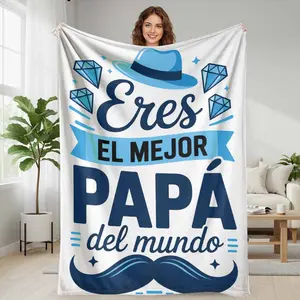 Best Dad in the World Flannel Blanket  Blue Hat Diamond and Mustache Print Design  Soft Cozy Warm Lightweight Sofa Throw  Perfect for Father’s Day Gift  Home Decor  Bedroom  Office  Travel  and Relaxation Use summerwins