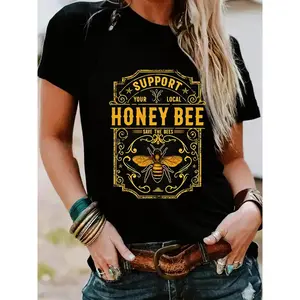 Women's Honey Bee Print Round Neck Graphic Tee, Vintage Trendy Casual Short Sleeve T-shirt for Daily Wear, Ladies Summer Outfit