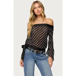 Edikted Women's Diagonal Striped Off Shoulder Chiffon Top