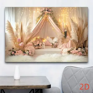 1 piece of 2D flat polyester decorative banner, bohemian wedding background cloth, pink tone tent pampas grass flower party photo hanging cloth, birthday engagement party decoration, bohemian style party photo background, live broadcast background cloth