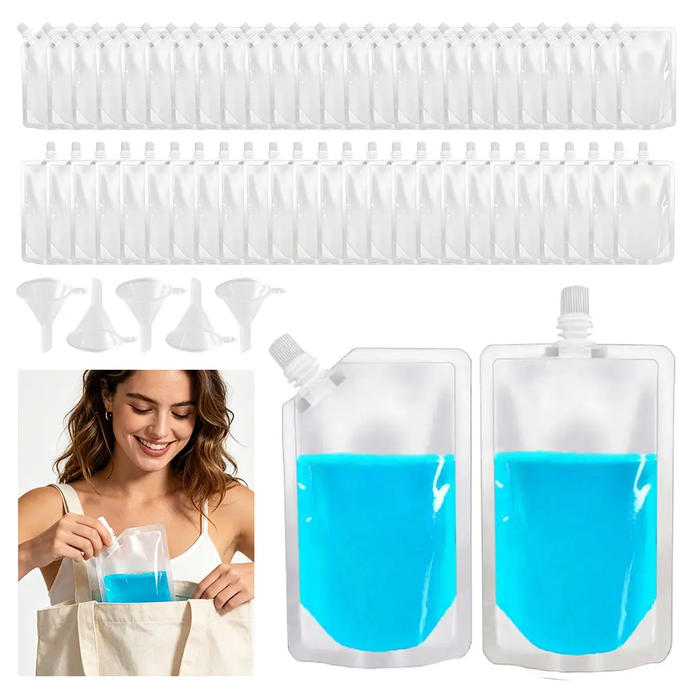 50 Pcs Reusable Transparent Beverage Bags with 5 Funnels - Foldable Convenient Fabric Liquid Storage Organiser, Ideal for Hiking, Outdoor Events, Storing Juice, Coffee, Tea