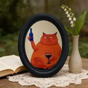 French Vintage Oval Frame Cat Decoration, Creative Cat Wine Art, Minimalist Desk Decor, Perfect Gift for Cat Lovers, Festive Holiday Decor, Vintage Home Decor, Desktop Decor