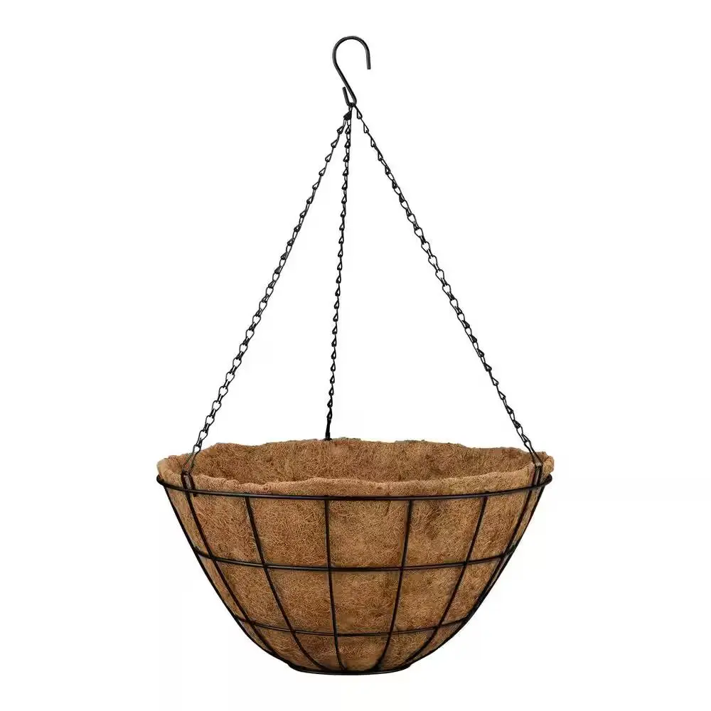 Large Black Metal Hanging round Planter with Coco Liner (20 In. L X 20 In. W X 10.5 In. H)
