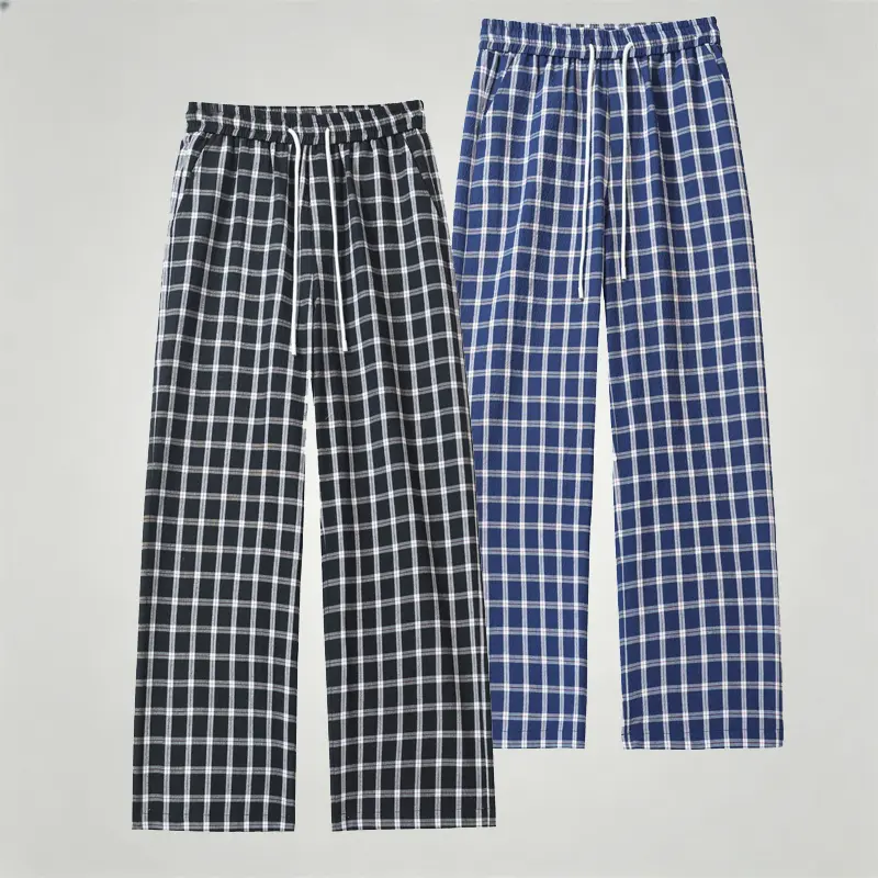 Retro Grid Check Wide Leg Pants Unisex Elastic Waist Drawstring Loose Fit Casual Daily Streetwear Plaid Trousers
