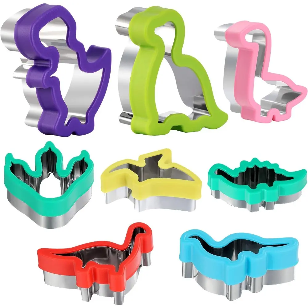 8-Pack Stainless Steel Animal Shapes Dinosaur Cookie Cutters with Removable Handle - Easy-to-Clean Bakeware Utensils, Multi-Use Molds for Fruit, Vegetable Cutters, Sandwich, Kids' Dinosaur Theme Birthday Party DIY Baking Supplies, Cheese Cutters, Sandwich