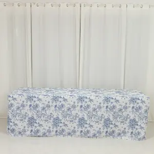 French Toile Fitted Polyester Tablecloth 8ft – Blue & White Rectangular Wrinkle-Resistant Table Cover