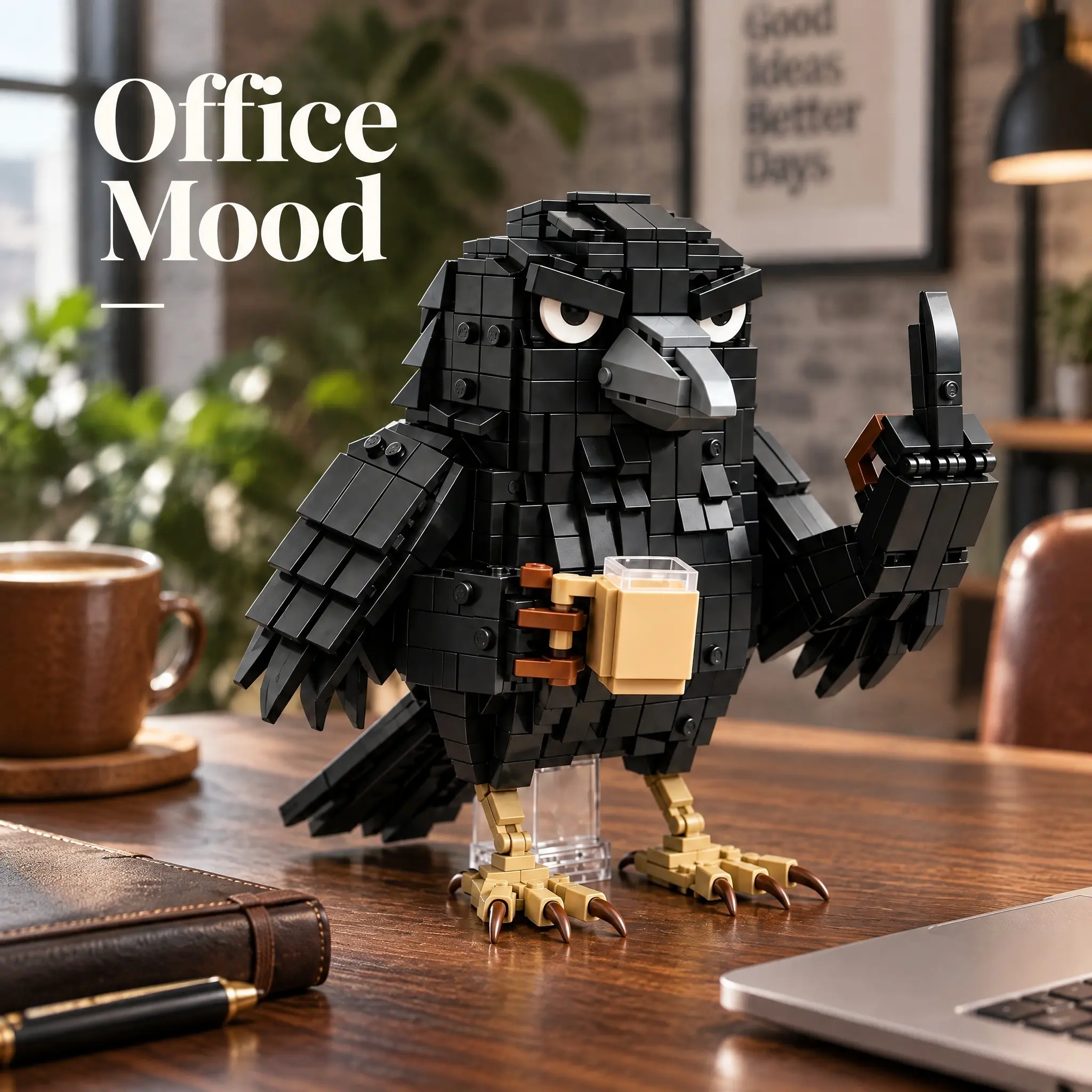 Funny Black Crow Building Block Set with Coffee Cup, Grumpy Bird Desk Decor, Creative DIY Animal Brick Model, Quirky Office Desktop Ornament, Unique Gift for Bird Lovers, Coworkers and Adults