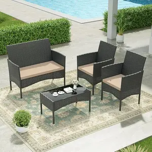 Kullavik Outdoor Rattan Sofa Set – PE Wicker Outdoor Furniture Set with Tempered Glass Table, Soft Cushions for Lawn, Backyard Decor,summerwins