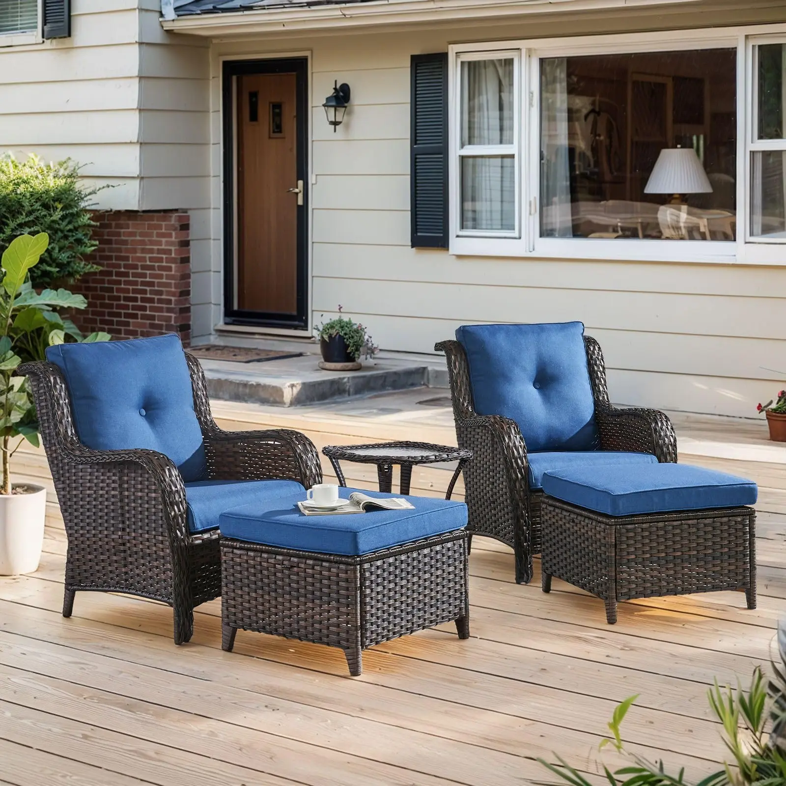 Belord Outdoor Wicker Furniture 5 Pieces Patio Furniture Set Patio Chairs with Ottomans and Side Table Conversation Set for Porch Garden Deck Balcony Poolside, NTC Series