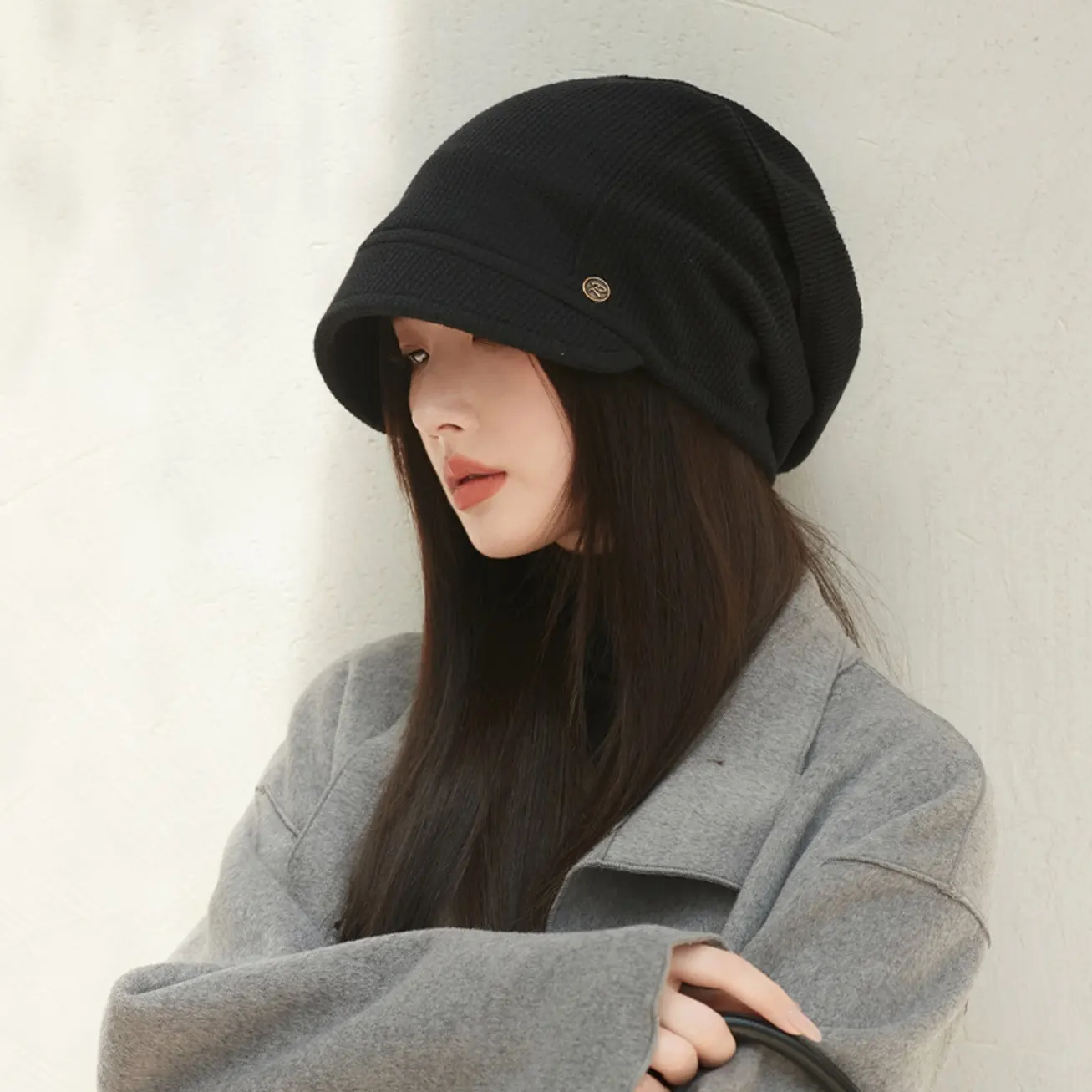 Japanese Style Pile Beanie Hat for Small Faces and Larger Head Sizes - Warm Breathable Dome Cap in Black, Coffee, Khaki, Gray