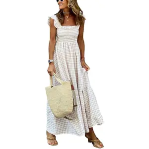 Women Plaid Smocked Maxi Dress Spaghetti Strap Ruffle Boho Summer Beach Vacation Long Sundress Flowy Casual Dress