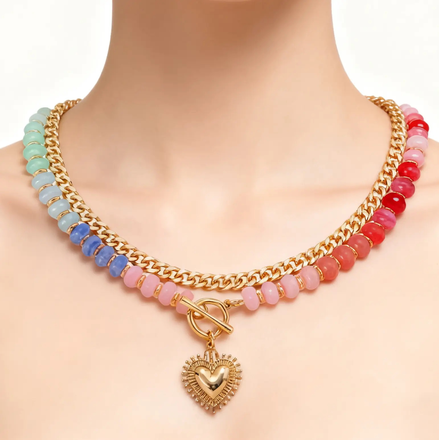 Women's Ethnic-Style Adjustable Colorful Beaded Collarbone Necklace with Stackable Heart Pendant, Summer Costume Jewelry Accessory