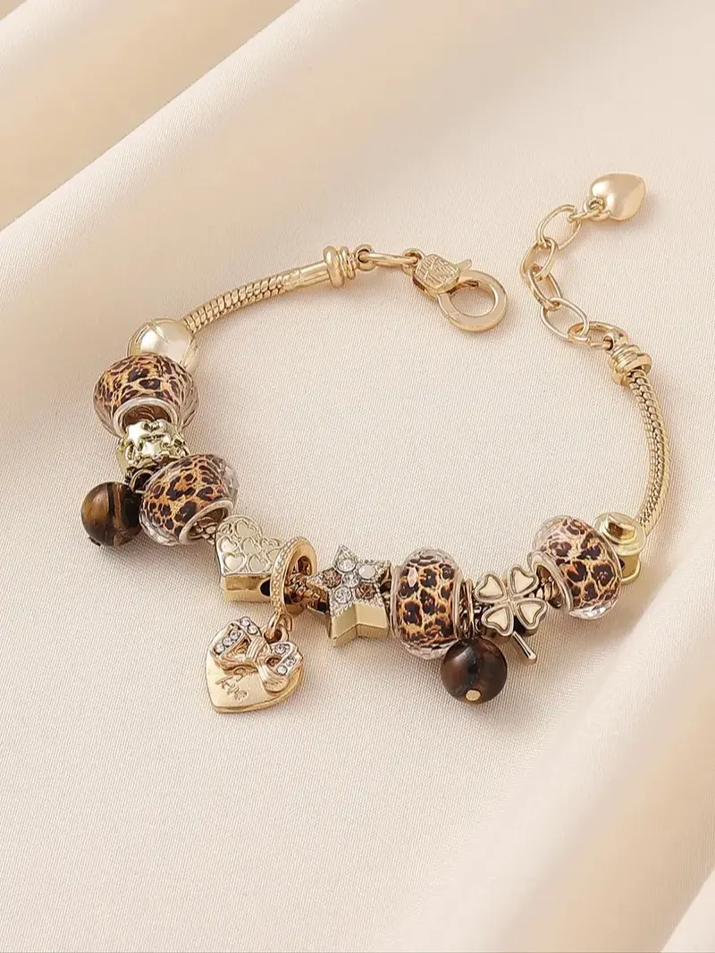 Women's Leopard Print Beaded Bracelet with Bow, Heart, Clover and Tiger Eye Stone, Trendy Fashion Jewelry, Heart Shaped Bracelet, Heart Charm Bracelet, Copper Bracelets, Exquisite Bracelet, Perfect for Parties, Nights Out and Daily Wear