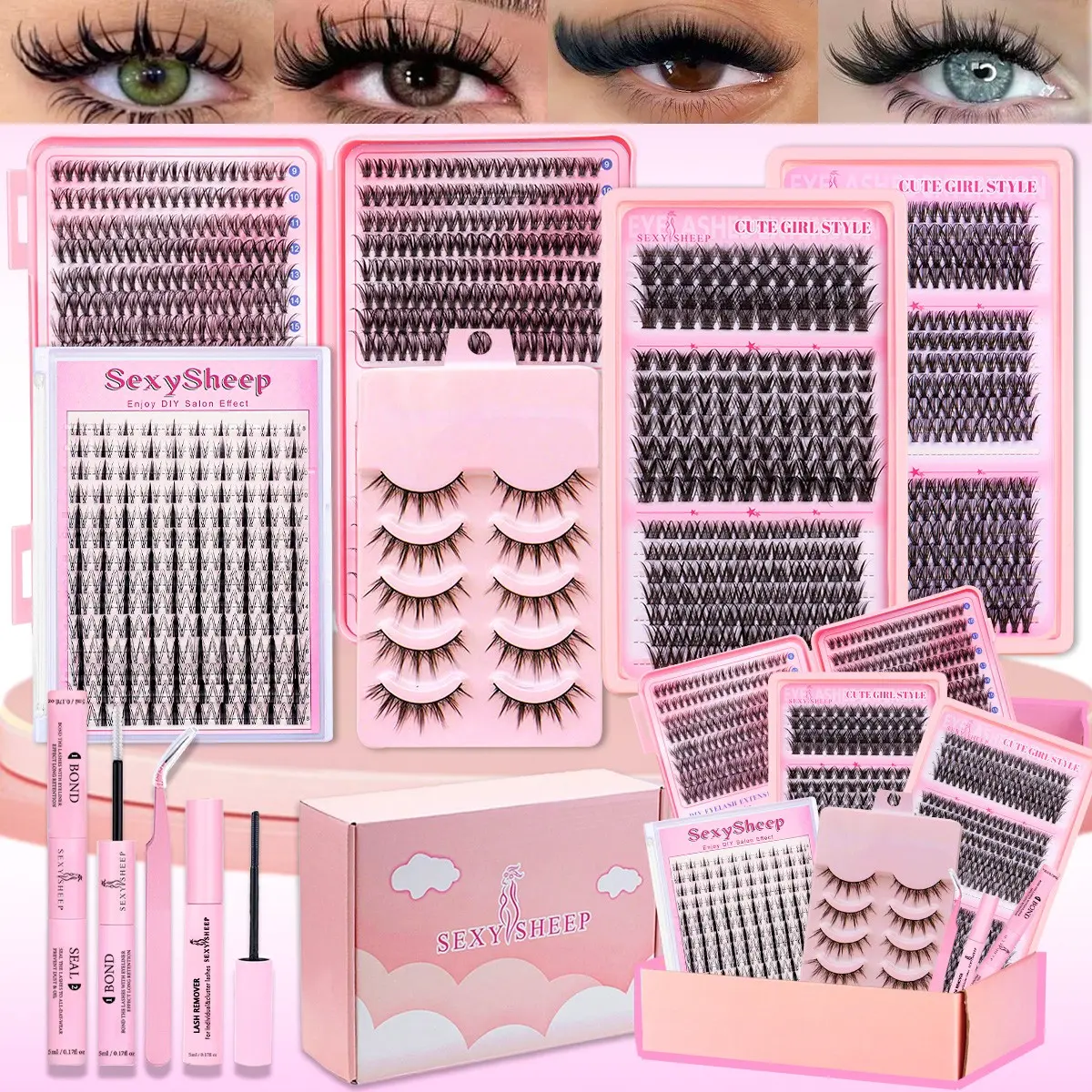 8 Styles Lash Clusters Kit,1 Mixed Length Individual Eyelash Extensions Kit,Self Grafting Voluminous, Volumized False Eyelashes with Tweezers&Bond&Seal&Remover&Brush