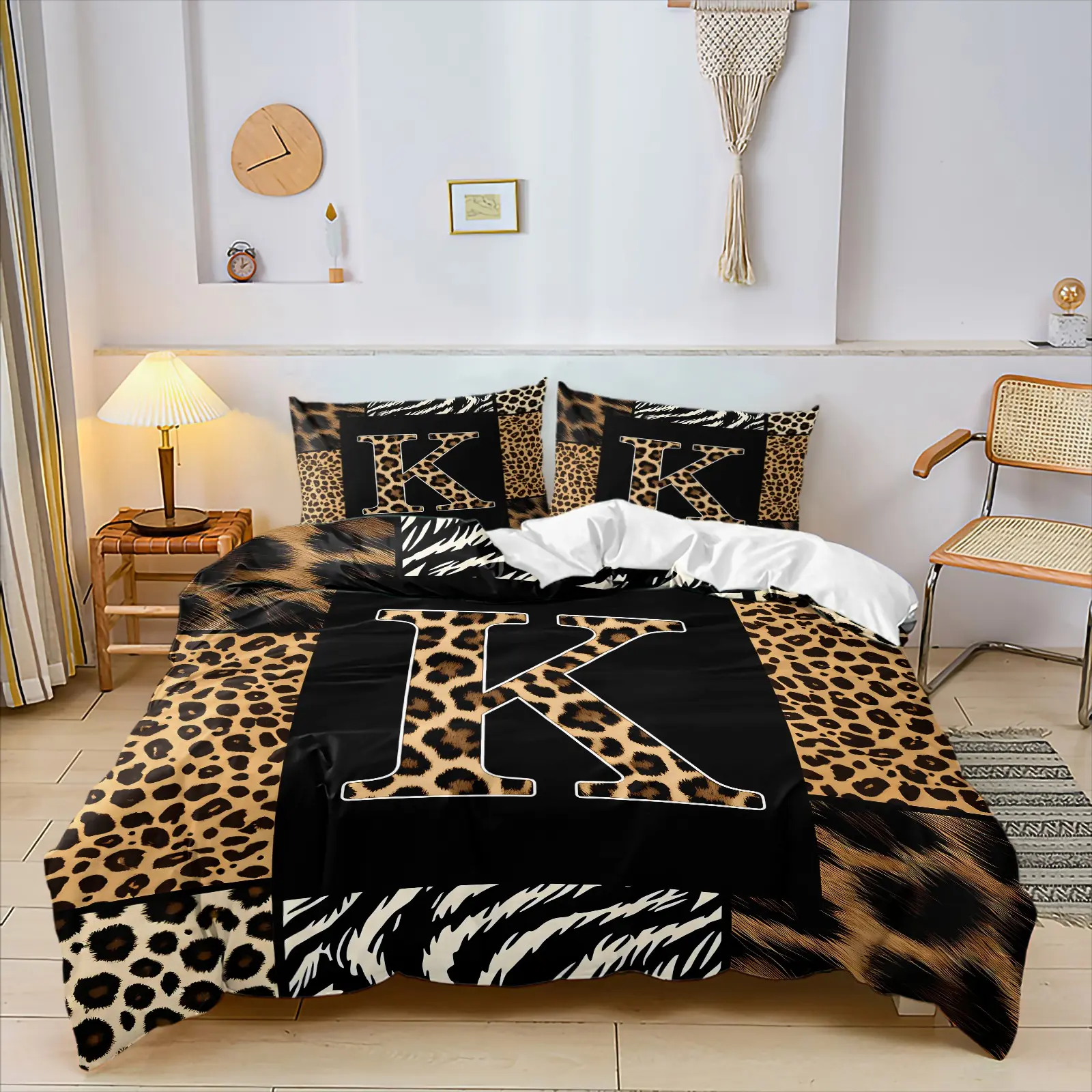 Custom Letter K-M Leopard Print Duvet Cover Set, Includes 1 or 2 Pillowcases, Modern Animal Pattern, Comfortable Bedding, Bedroom Decor, Custom Birthday Gift