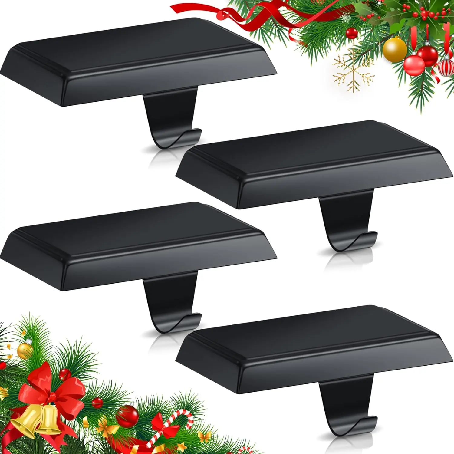 4-Pack Stainless Steel Black Christmas Stocking Holders, Weighted Mantle Hangers for Xmas Holiday Party Decorations