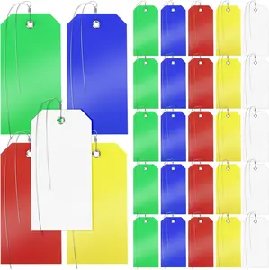 100 Pcs Plastic Tags with Wire for Labeling, Hanging Shipping Tags Bulk, Blank Waterproof Tag with Metal Eyelet and String for Inventory, Luggage, Outdoor Moving, Garage, 4 3/4" x 2 3/8"