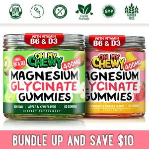 OH MY CHEWY Magnesium Glycinate Gummies Bundle – 2 Bottles (60 Each) – Apple Kiwi & Strawberry Banana Healthy Snacks