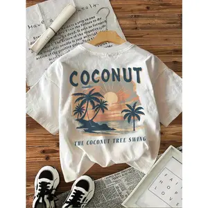 Coconut Sunset Palm Tree Graphic Tee Unisex Vintage Beach Island Summer Shirt Streetwear Soft Casual Crewneck Top For Vacation Travel