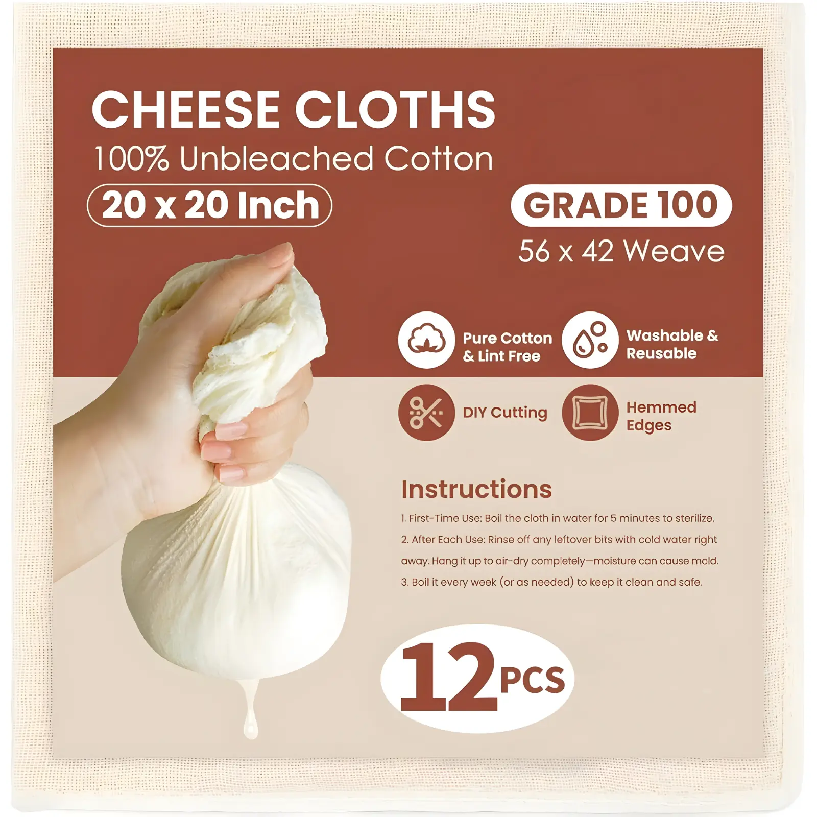 12Pcs Reuseable 100% Unbleached Cotton Cheese Cloths (20x20in) - 100-Grade Hemmed 4-Edge Strainers, Specialty Kitchen Utensils for Baking, Juicing, Reuse