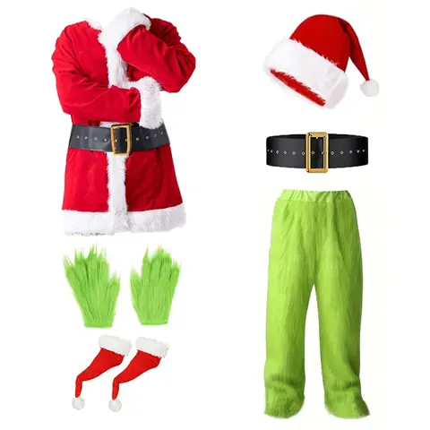 Men's Green Monster Mascot Costume - Plush Menswear Suit with Mask, Elastic Waist Fitted Pants, Fur-Back Gloves, Gentle Fabric for Halloween, Special Occasions (My Christmas Outfit, Outfits for Christmas)