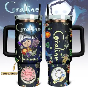Coraline 20oz - 40oz Tumbler Stainless Steel with Straw, Double Wall Insulated, With Handle – Epic Cartoon Movies Series Design, Perfect Gift for Fans