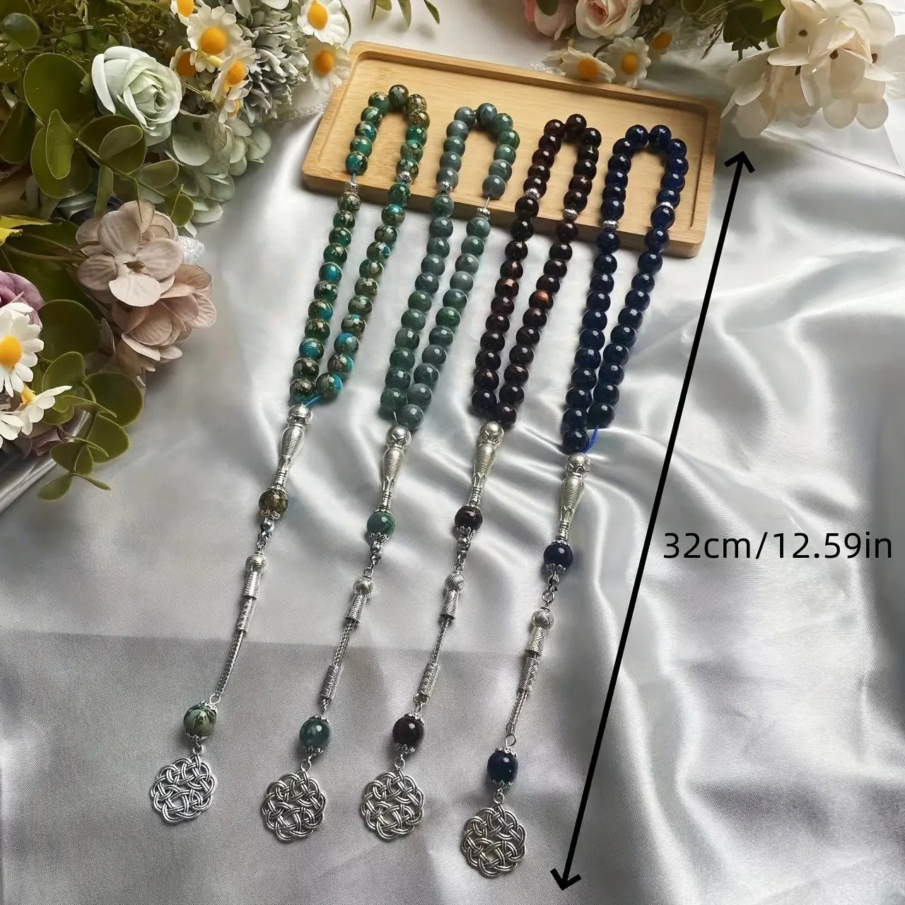 Muslim Arabic-Style Colorful Glass Bead Tasbih Bracelet - Flower Charm, Tassel for Daily Prayer Use