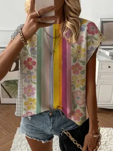 Summer Round Neck Short Sleeve Knit Top, Loose Fit Floral Geometric Print, Casual Elegant Commuter, Bikini Cover-Up, Women's Fashion