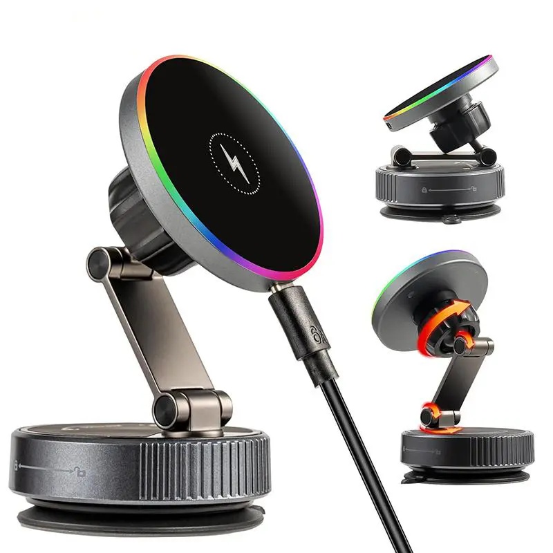 15W MagSafe Magnetic Car Charger Car Mount Charger  Wireless Charging Car Phone Holder 2026 Upgrade 1140° Adjustable, 120LBS Vacuum Suction & 3800gf Magnetic for Dashboard/Windshield for iPhone & Android, RGB LED