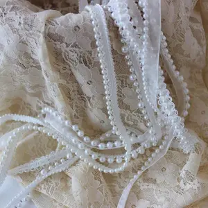 1pc Pearl Floral Elegant Lace Trim Handmade DIY Accessory, Clothes Headwear Fabric Net Decoration, Crinkle Chiffon Skirt Hem Lace