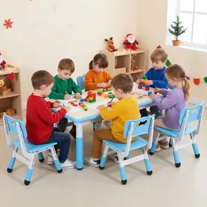 Arlopu Sturdy Kids Table and 6 Chairs Set,Height Adjustable Graffiti Table,Multifunctional Toddler Table,Reading, Drawing, Eating for Ages 2-10