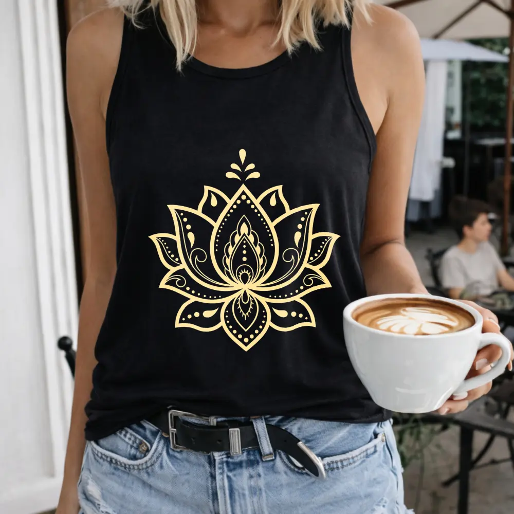 Women's Golden Lotus Mandala Design Breathable Pullover Streetwear Top, Crew-Neck Sleeveless Vest, Outdoor Casual Matching Piece, Fashion