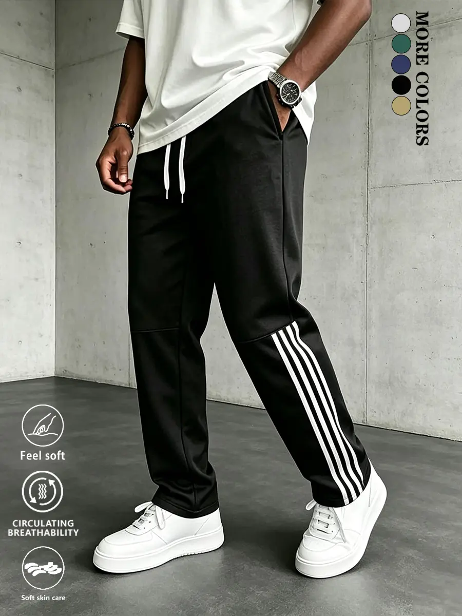Men’s solid-color loose straight-leg striped pants, classic basic sweatpants made from soft knit fabric with slight stretch, drawstring waist, suitable for outdoor workouts and jogging in spring and autumn, with side pockets, ideal for all seasons.