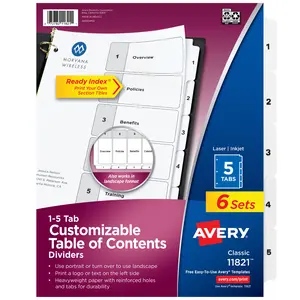 Avery Dividers for 3 Ring Binders, 5 Tabs per Set, Customizable Table of Contents, Classic White Tabs (6 Sets of 11821)