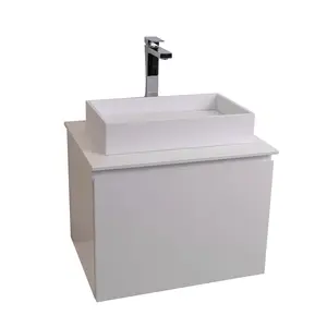 Venice 23.5 White High Gloss Cabinet, Wall Mounted Modern Vanity Set with Solid Surface Flat White Counter and Infinity Square Design