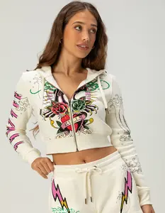 ED HARDY Rhinestone Panther Womens Crop Zip-Up Hoodie