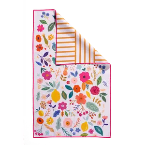 Wildflower Microfiber Towel - Absorbent Cleaning Towel with Floral and Leaf Pattern in Yellow and Orange Stripes